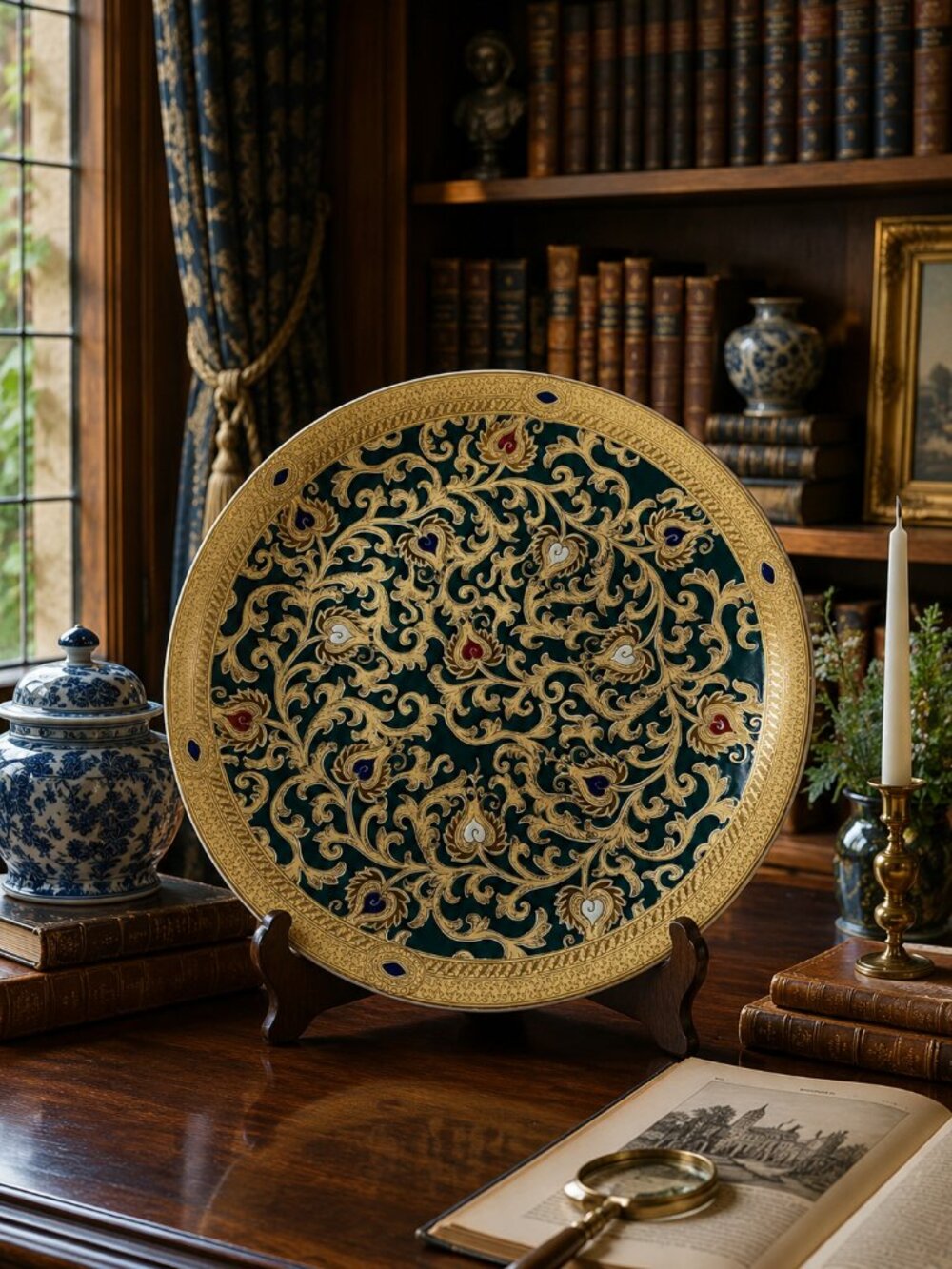 Vintage Amita 16" Chinoiserie Porcelain Charger Green Gold Wall Plate